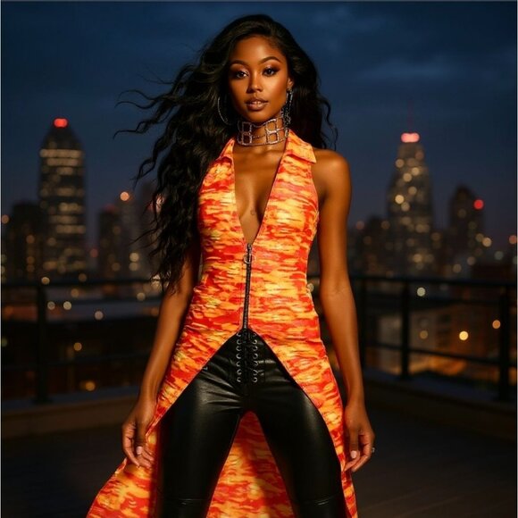 Orange Gradient Sleeveless High-Low Zip-Up Vest by One by One – Skyline Flame L - Picture 1 of 4